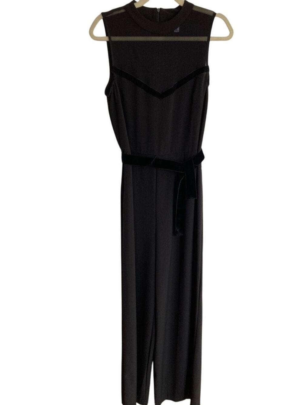 Black Sheer Panel Velvet Trim Straight Leg Jumpsuit Size 12 Office Siren Career
